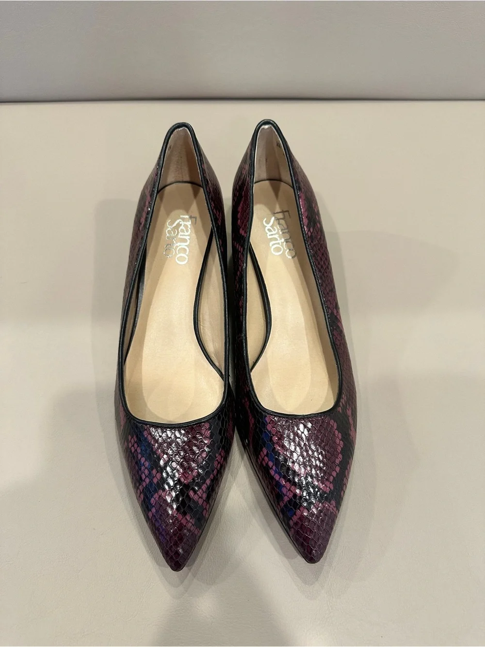 Franco Sarto Pointed Mid-Heel Pumps in Burgundy Snake Print